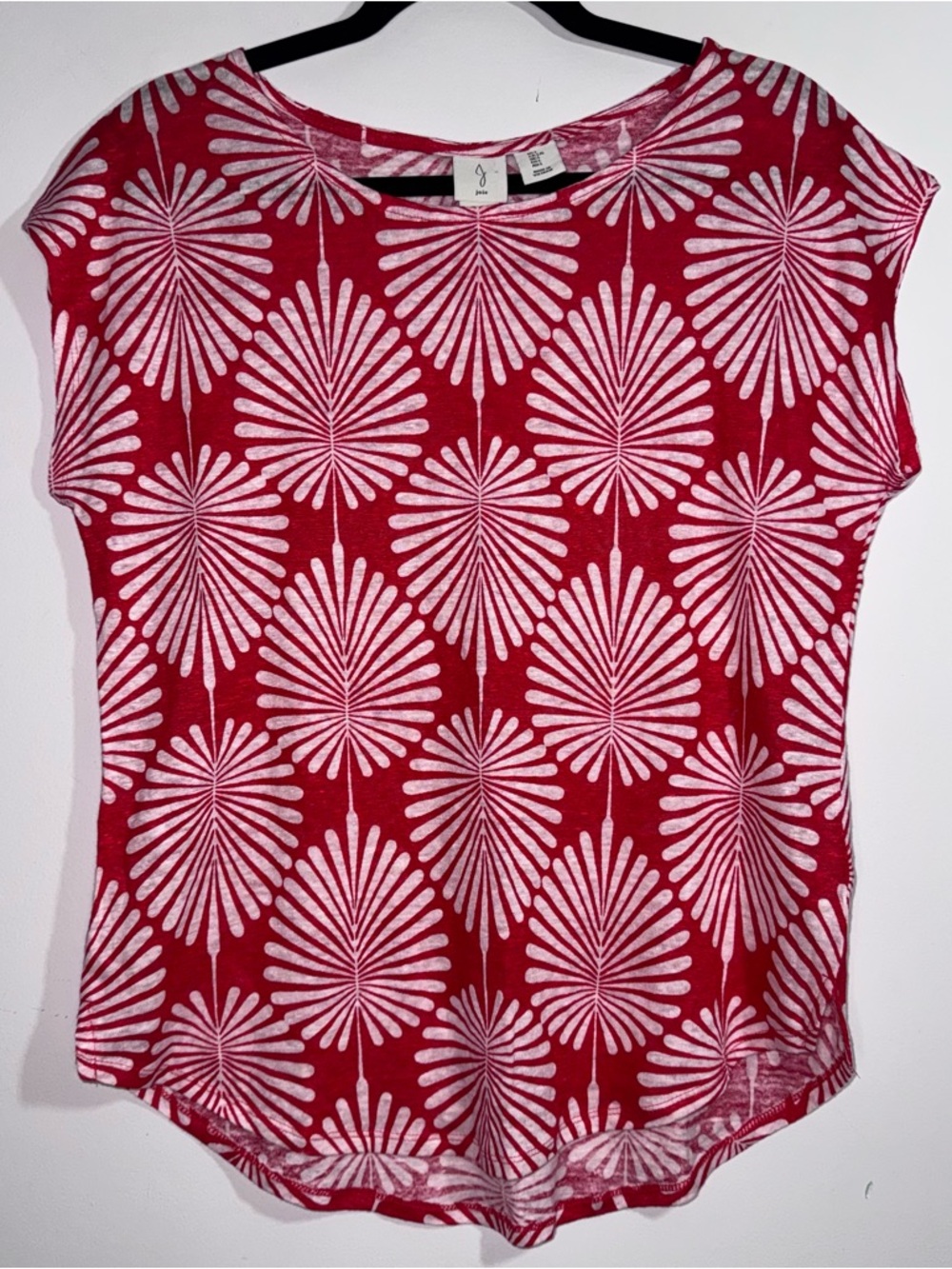 Joie Red White 100% Linen Top Womens Large Floral Print Cap Sleeve Scoop Neck